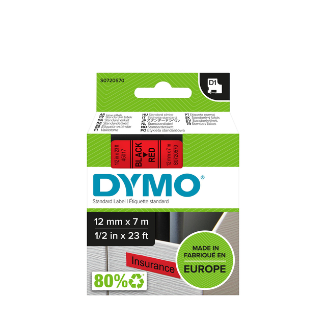 Labeltape Dymo LabelManager D1 polyester 12mm zwart op rood Labeltape Dymo LabelManager D1 polyester 12mm zwart op rood