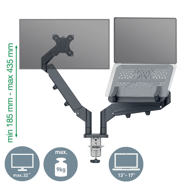 Monitor en Laptoparm Leitz Ergo ruimtebesparend dubbele monitorarm