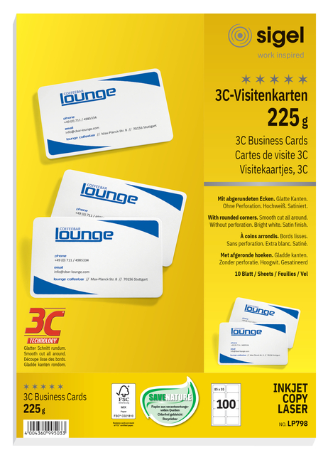 Visitekaart Sigel 85x55mm blanco 225gr ronde hoeken wit 100 stuks Visitekaart Sigel 85x55mm blanco 225gr ronde hoeken wit 100 stuks