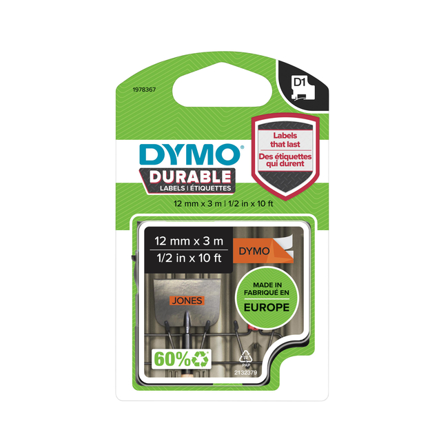 Labeltape Dymo LabelManager D1 polyester 12mm zwart op oranje Labeltape Dymo LabelManager D1 polyester 12mm zwart op oranje
