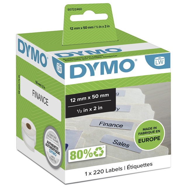 Etiket Dymo LabelWriter naamkaart hangmap 12x50mm 1 rol á 220 stuks wit Etiket Dymo LabelWriter naamkaart hangmap 12x50mm 1 rol á 220 stuks wit