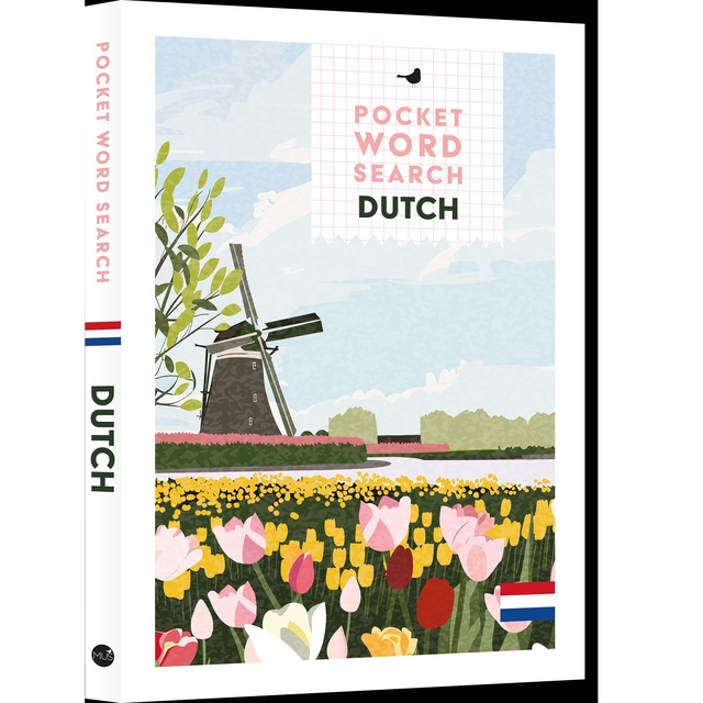 boekomslag, pocketwoordzoeker, tulpen, landschap, windmolen