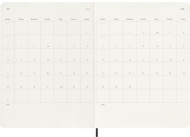 planner, calendar, open spread, monthly view, white pages