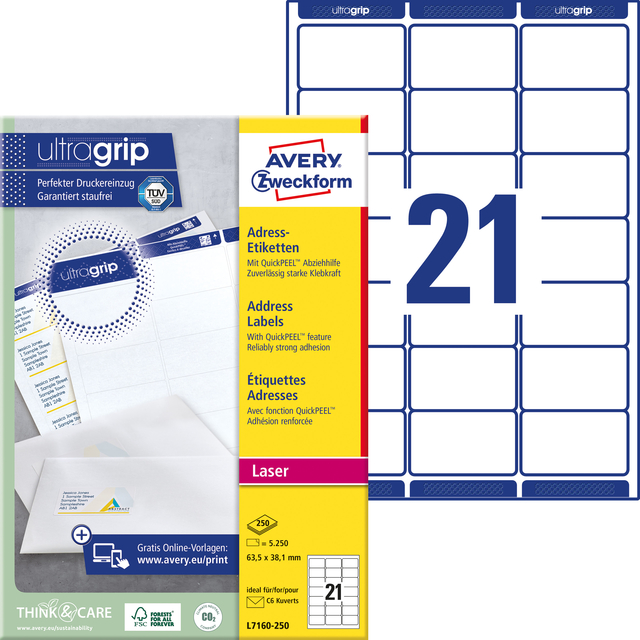 Etiket Avery L7160-250 63.5x38.1mm wit 5250stuks