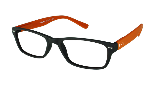 bril, leesbril, kunststof, zwarte montuur, oranje pootjes
