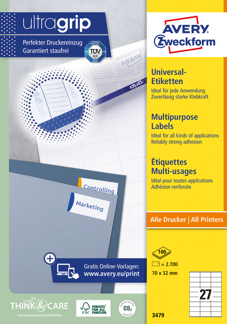 Etiket Avery Zweckform 3479 70x32mm wit 2700stuks