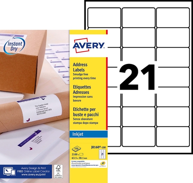 Etiket Avery J8160-100 63.5x38.1mm wit 2100 etiketten