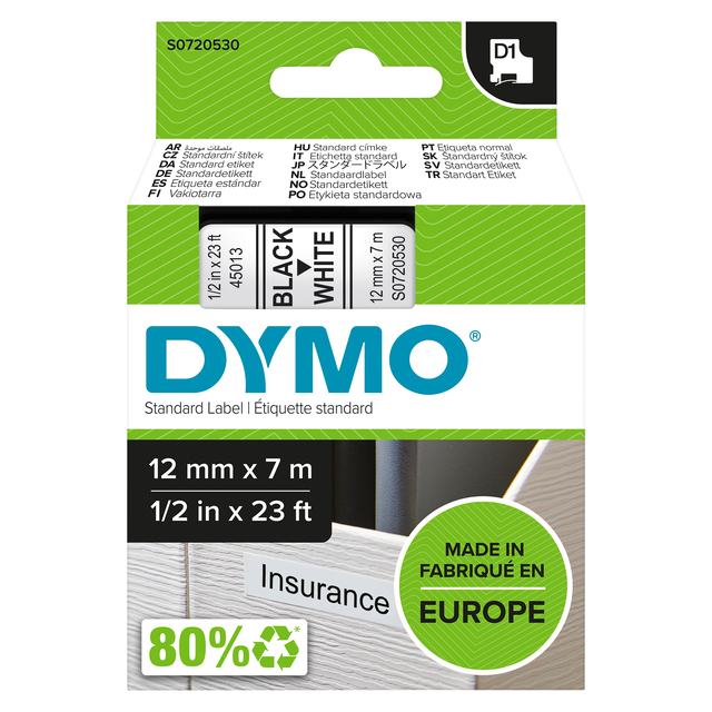 Labeltape Dymo LabelManager D1 polyester 12mmx7m zwart op wit Labeltape Dymo LabelManager D1 polyester 12mmx7m zwart op wit