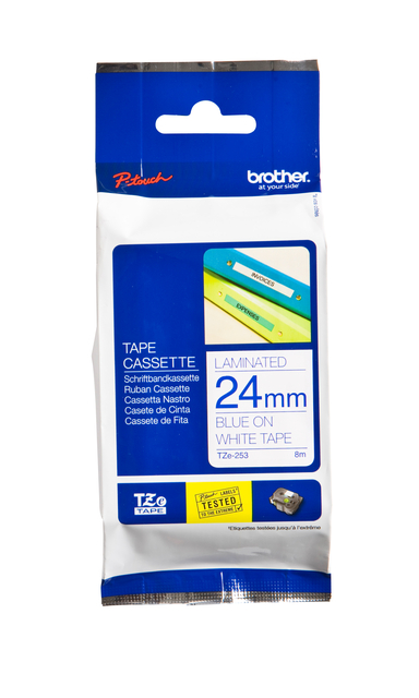 Labeltape Brother P-touch TZe-253 standaard 24mm blauw op wit Labeltape Brother P-touch TZe-253 standaard 24mm blauw op wit
