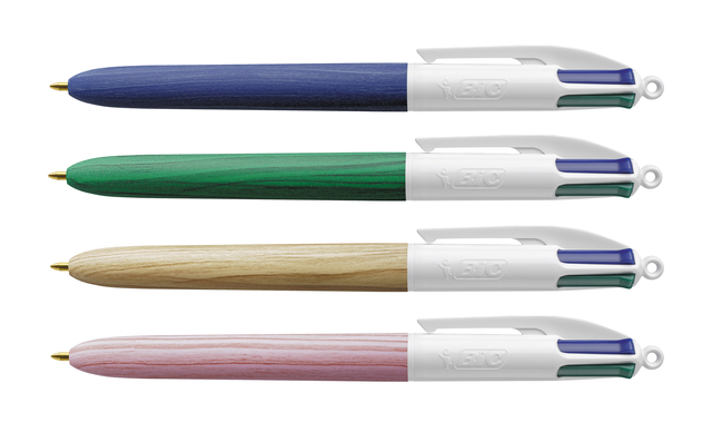 Balpen Bic 4kleuren wood medium assorti