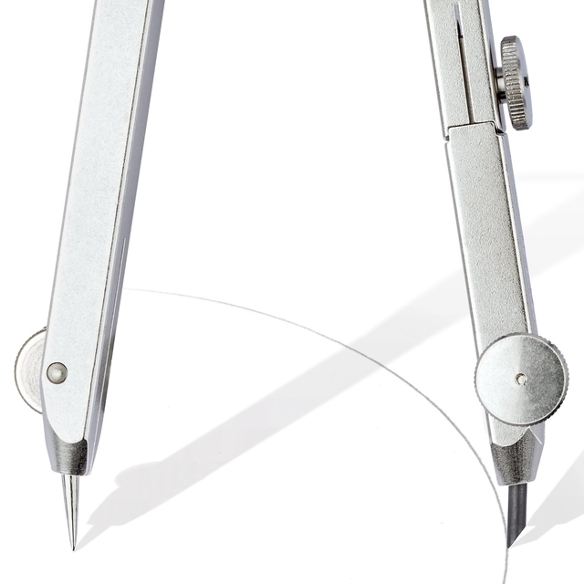 circumference compass, drawing compass, metalen blik, verstelbare arm, potloodpunt