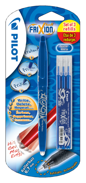Rollerpen PILOT friXion medium blauw blister à 1 stuk + 3 vullingen Rollerpen PILOT friXion medium blauw blister à 1 stuk + 3 vullingen
