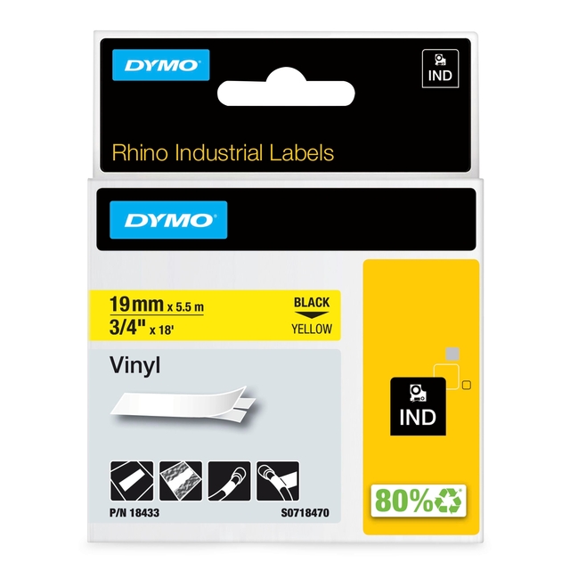vinyl label, Rhino Industrial Labels, black label, yellow label, dimensions 19mm x 5.5m