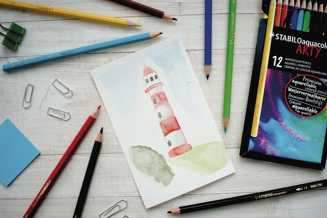 lighthouse, painting, watercolor, cardstock, pencil, art supplies