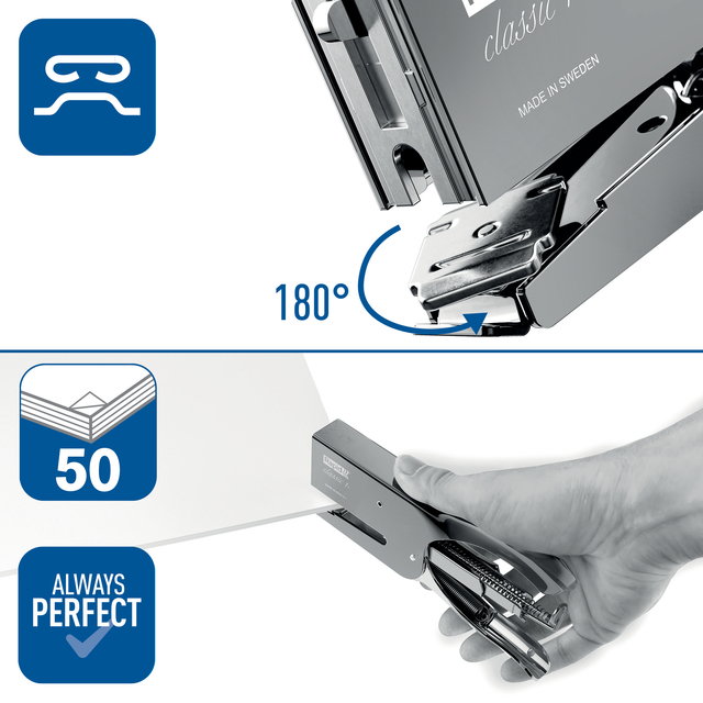 rotating hinge, staple remover, paper punch, sleek metal, 60-degree pivot