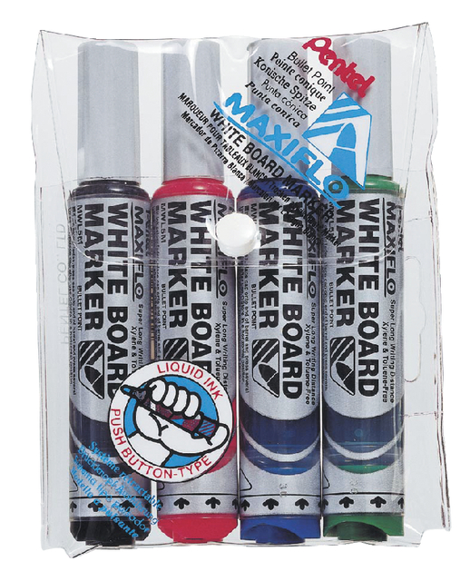 Whiteboardmarker Pentel MWL5M Maxiflo rond 3mm assorti set à 4 stuks Whiteboardmarker Pentel MWL5M Maxiflo rond 3mm assorti set à 4 stuks
