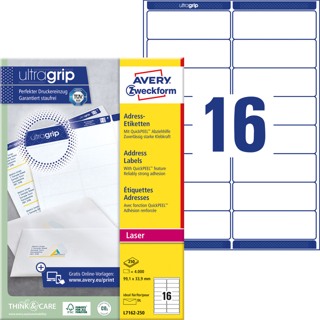 Etiket Avery L7162-250 99.1x33.9mm wit 4000stuks