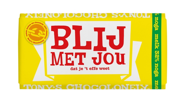 Chocolade Tony's Chocolonely melk noga blij met jou  reep 180g Chocolade Tony's Chocolonely melk noga blij met jou  reep 180g