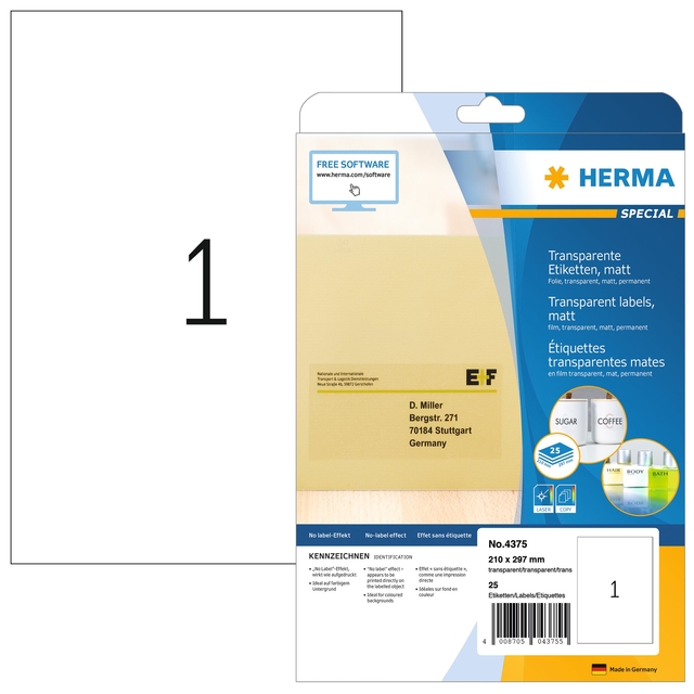 Etiket HERMA 4375 210x297mm A4 transparant 25stuks Etiket HERMA 4375 210x297mm A4 transparant 25stuks