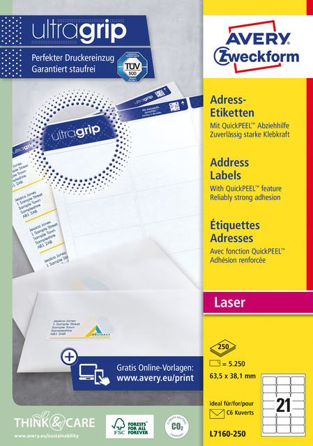 Etiket Avery L7160-250 63.5x38.1mm wit 5250 etiketten