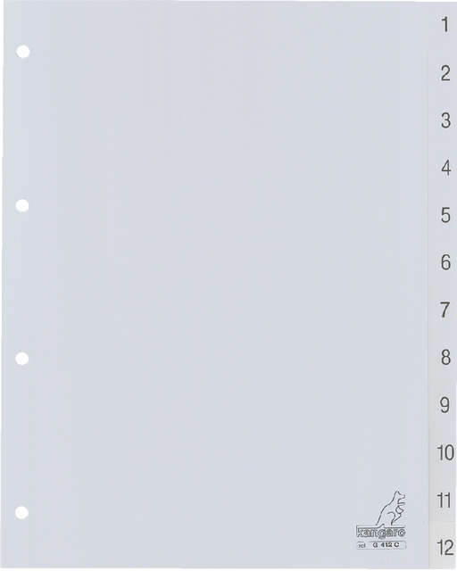 Tabbladen Kangaro 4-gaats G412C 1-12 genummerd grijs PP Tabbladen Kangaro 4-gaats G412C 1-12 genummerd grijs PP
