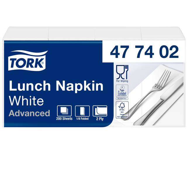 Lunchservet Tork Advanced 1/8 vouw 2-laags 328x325mm 200 vel wit 477402 Lunchservet Tork Advanced 1/8 vouw 2-laags 328x325mm 200 vel wit 477402