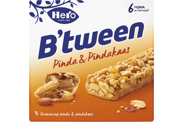 Tussendoortje Hero B'tween pinda&pindakaas 6pack reep 25gr Tussendoortje Hero B'tween pinda&pindakaas 6pack reep 25gr