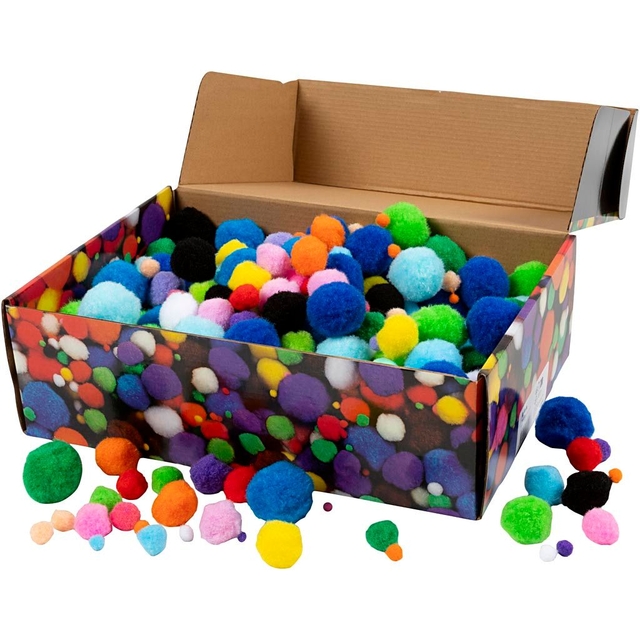 pompons, pomponen, kleurige pompons, knutselmateriaal, verfbolletjes