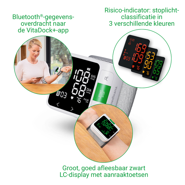 bloeddrukmeter, BP-monitor, LC-display, armbandvorm, touchknoppen
