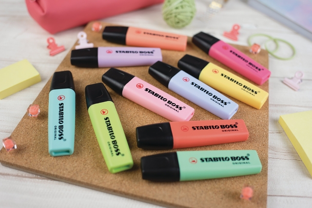 stabilo boss, highlighter, fluorescent, pastel, stick highlighter