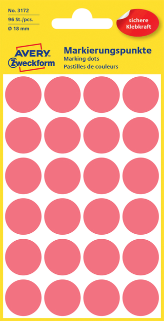 Etiket Avery Zweckform 3172 rond 18mm lichtrood 96 etiketten Etiket Avery Zweckform 3172 rond 18mm lichtrood 96 etiketten