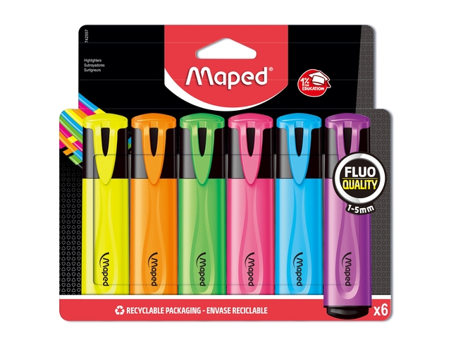Markeerstift Maped set à 6 standaard kleuren Markeerstift Maped set à 6 standaard kleuren