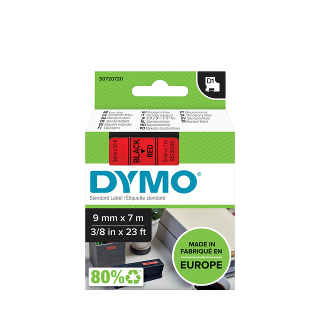 Labeltape Dymo LabelManager D1 polyester 9mm zwart op rood Labeltape Dymo LabelManager D1 polyester 9mm zwart op rood