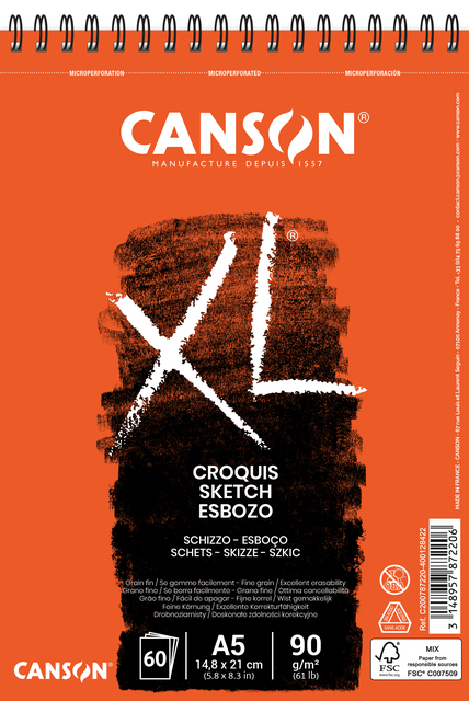 Schetsblok Canson XL A5 60 vel 90gr spiraal