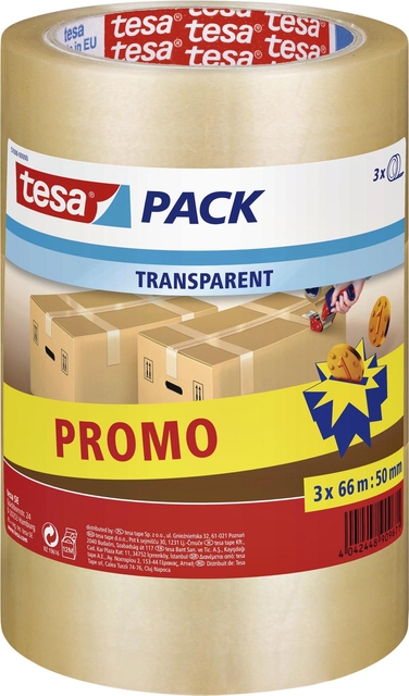 Verpakkingstape tesapack® 66mx50mm transparant promopack 3 rollen