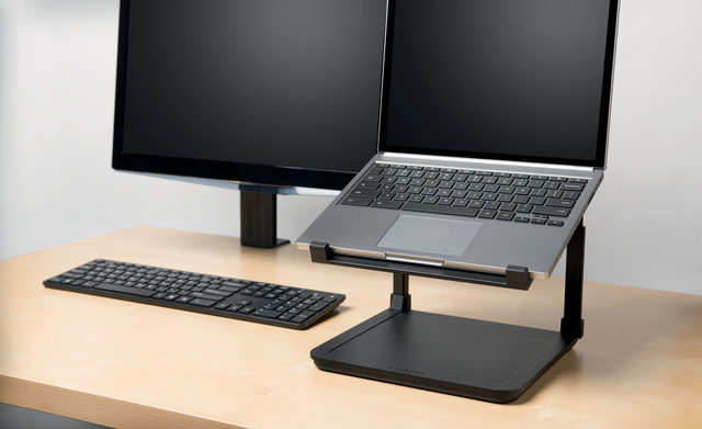 computer monitor, keyboard, laptop stand, desk setup, dual monitor