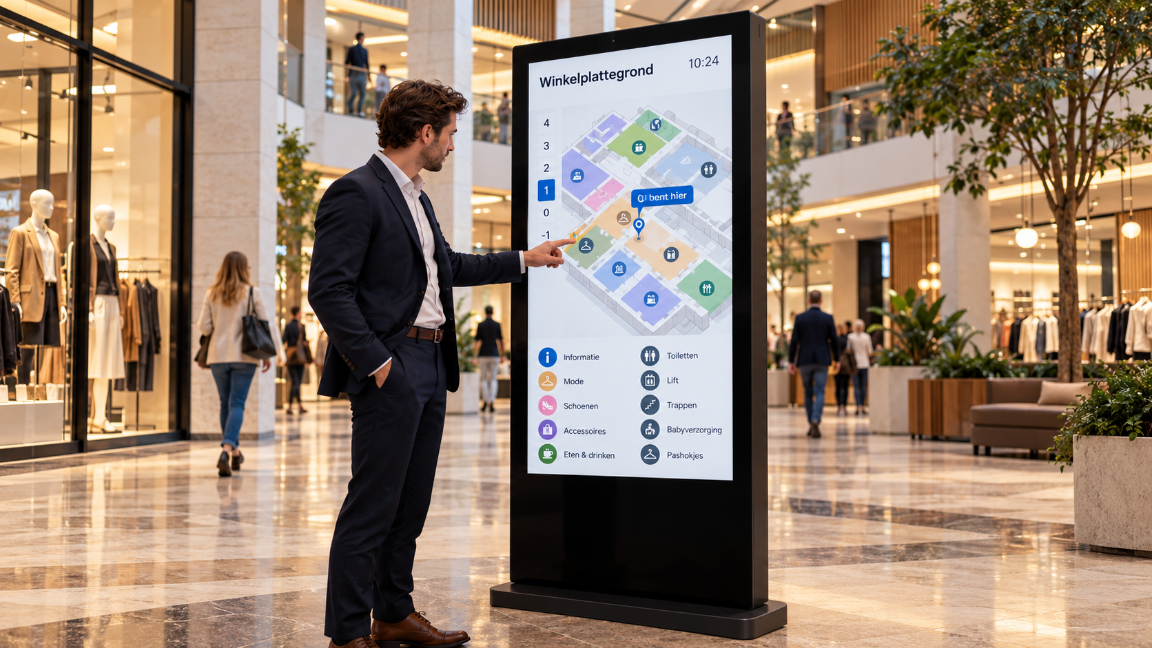 digitaal informatiebord, touchscreen kiosk, winkelplattegrond, staand display, zwart scherm