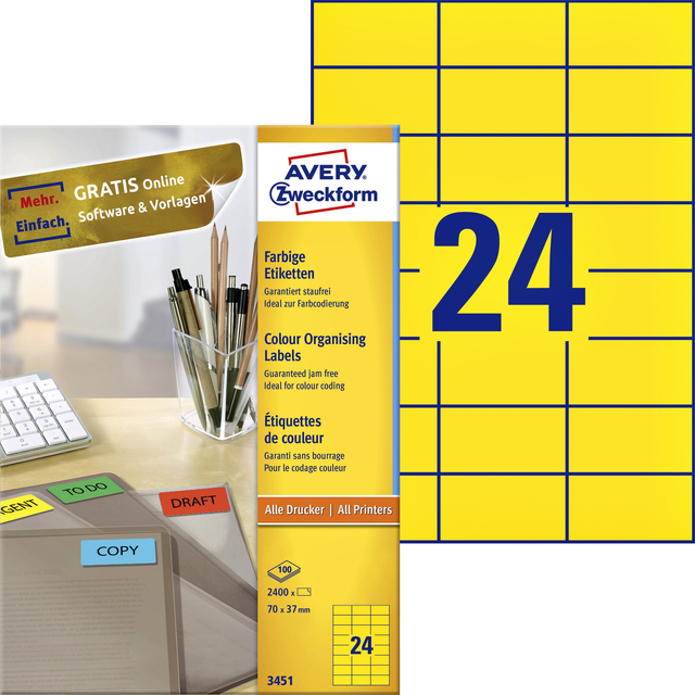 Etiket Avery Zweckform 3451 70x37mm geel 2400stuks Etiket Avery Zweckform 3451 70x37mm geel 2400stuks