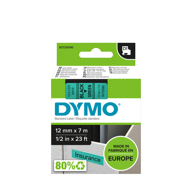 Labeltape Dymo LabelManager D1 polyester 12mm zwart op groen Labeltape Dymo LabelManager D1 polyester 12mm zwart op groen