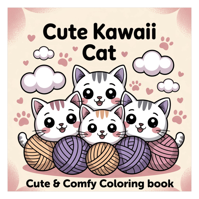 kawaii, kat, kleurboek, kleurvolle bolletjes, schattig