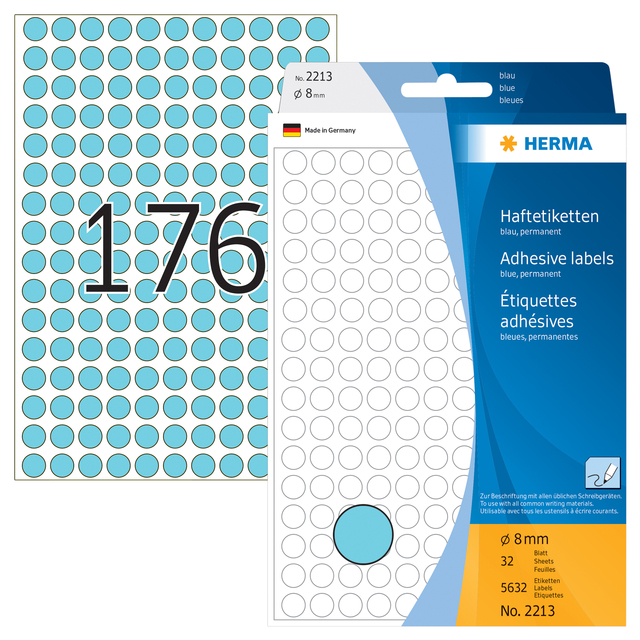 Etiket HERMA 2213 rond 8mm blauw 5632stuks