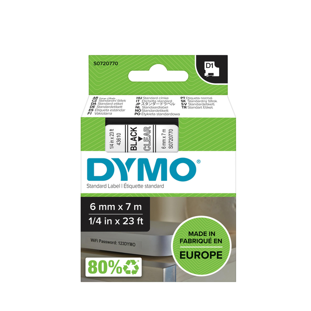 Labeltape Dymo LabelManager D1 polyester 6mm zwart op transparant Labeltape Dymo LabelManager D1 polyester 6mm zwart op transparant