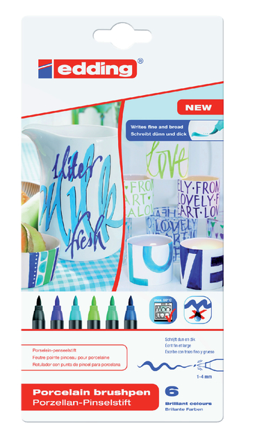 Brushpen edding 4200 porselein koele kleuren etui à 6 stuks Brushpen edding 4200 porselein koele kleuren etui à 6 stuks