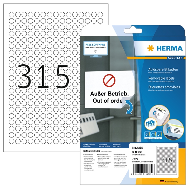 Etiket HERMA 4385 rond 10mm wit 7875 etiketten Etiket HERMA 4385 rond 10mm wit 7875 etiketten