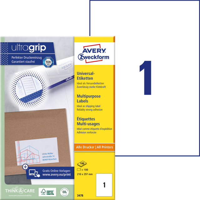 Etiket Avery Zweckform 3478 210x297mm A4 wit 100stuks