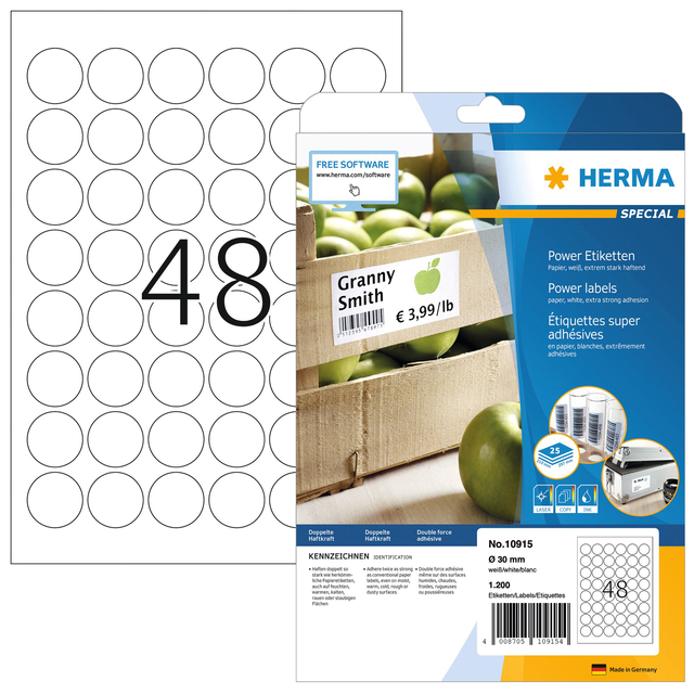 Etiket HERMA Power 10915 rond 30mm wit 1200stuks Etiket HERMA Power 10915 rond 30mm wit 1200stuks