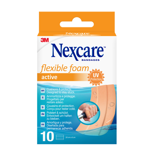 Wondpleister Nexcare active flexible foam waterbestendig 6x10cm 10 stuks Wondpleister Nexcare active flexible foam waterbestendig 6x10cm 10 stuks