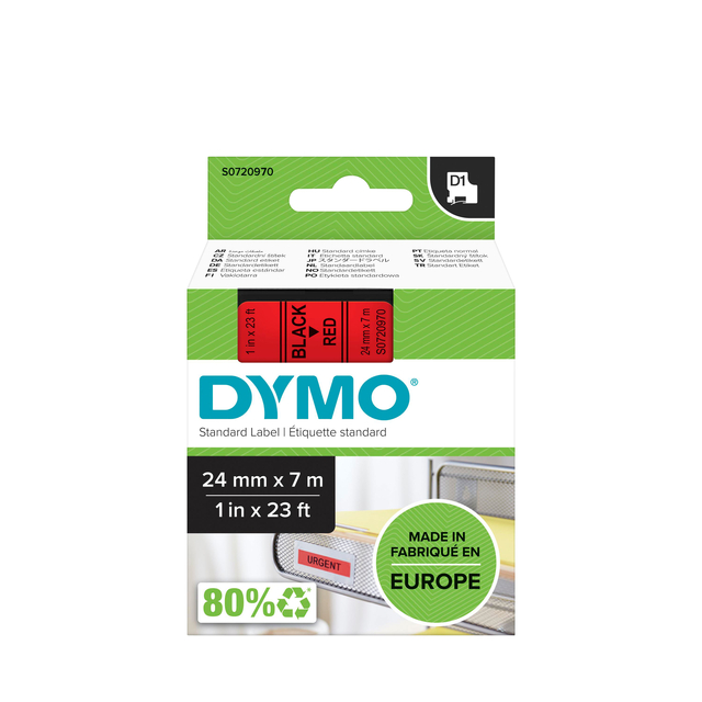Labeltape Dymo LabelManager D1 polyester 24mm zwart op rood Labeltape Dymo LabelManager D1 polyester 24mm zwart op rood