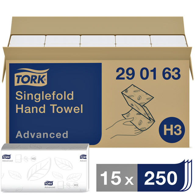 Handdoek Tork H3 Advanced singlefold 2-laags 248x230mm 15x250 vel wit 290163 Handdoek Tork H3 Advanced singlefold 2-laags 248x230mm 15x250 vel wit 290163