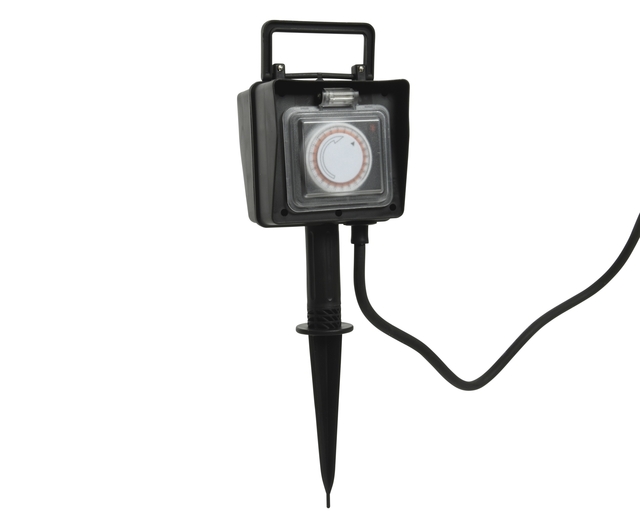 tuinstopcontact, tijdschakelaar, grondpin, analoge timer, zwart
